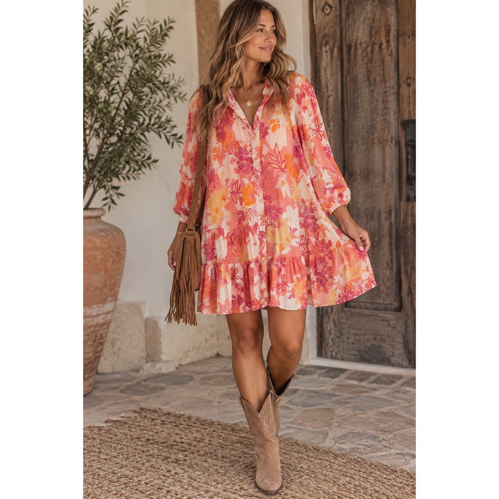 Fate Womens Floral Tiered Mini Dress Pink Orange Boho Long Sleeve Size Large